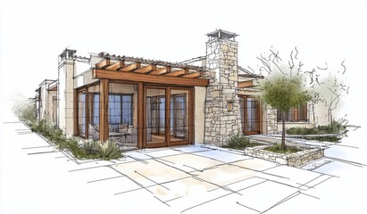 Poster - Architectural sketch of a single-story house with stone facade, wooden pergola, and patio.