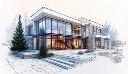 Poster - Architectural sketch of a modern luxury house with large windows, stone exterior, and surrounding landscape.