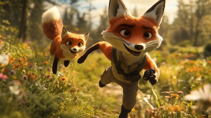 Poster - Two playful foxes running through a vibrant meadow, enjoying a sunny day.