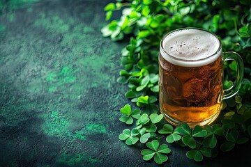 Glass of beer with clover leaves on green background top view. Glasses of beer with foam. Alcohol. St. Patrick