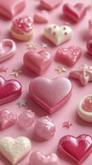 Wall Mural - Sweet pink heart-shaped confections arranged on pastel background for festive celebrations