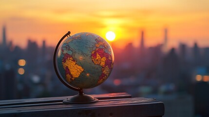 Poster - Globe at sunset, city skyline background.