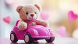 Cute teddy bear driving a small pink toy car surrounded by floating hearts in a romantic atmosphere