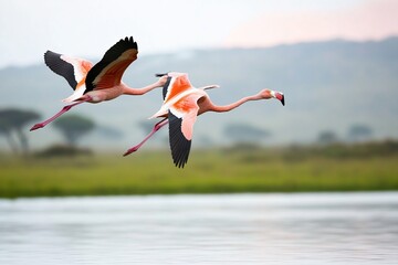 Poster - Two flamingos in flight over calm water, wings spread wide, against a blurred background of green vegetation and a hazy sky.