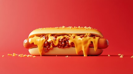 Close-up of a chili cheese hot dog on a red background.