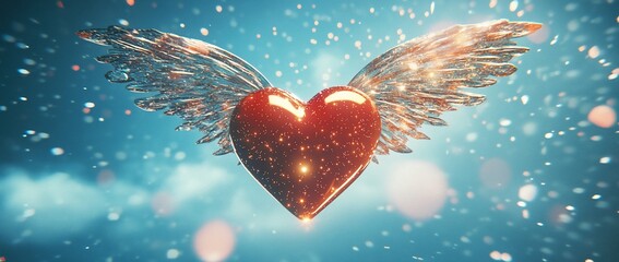 Poster - Glowing red heart with translucent wings flying in a sparkling blue sky.