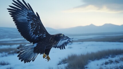 Poster - Majestic eagle in flight over snowy landscape at sunset. (1)
