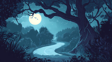 Wall Mural - Eerie night scene featuring a misty forest landscape and a winding road under the glow of a full moon, creating a mysterious atmosphere. Treetop. Illustration