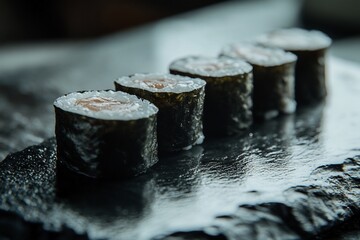 Poster - Close-up of five sushi rolls arranged on a dark slate plate.