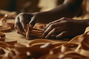 Aufkleber - Close-up of hands meticulously crafting leather goods on a wooden workbench.