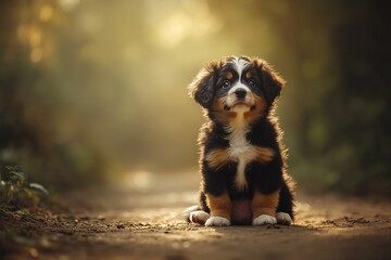 Aufkleber - Adorable Bernese Mountain Dog puppy sitting on a dirt path in a sunlit forest.