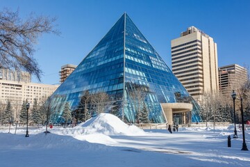 Poster - Glass pyramid building in snowy city landscape on sunny winter day.