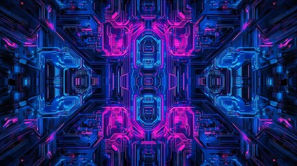 Poster - Abstract symmetrical digital art with neon blue and pink glowing lines and shapes, creating a futuristic technological background.