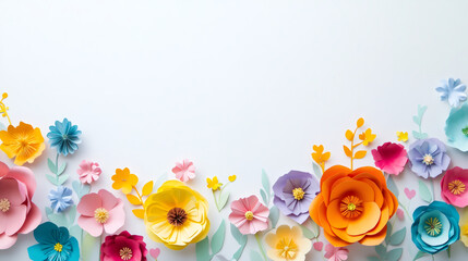 Poster - Colorful paper blossoms scattered across pristine surface, radiating joyful springtime energy and romantic celebration mood