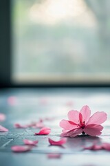 Wall Mural - Pink gerbera flower surrounded by petals on white surface near a window in natural light