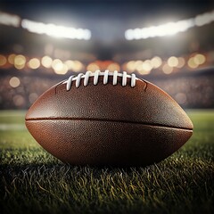 Poster - Close-up of an American football on a grassy field at night, with stadium lights blurred in the background.