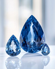 Poster - Three pear-shaped blue gemstones, varying in size, displayed on a reflective surface.