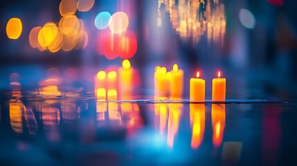 Poster - Glowing candles reflected in dark water at night, blurred city lights background.
