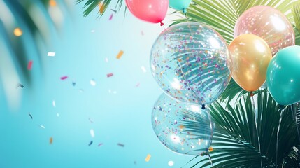 Poster - Colorful balloons and confetti float against a bright blue sky, partially obscured by palm leaves.