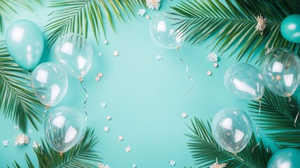 Poster - Flat lay of teal background with transparent and blue balloons, palm leaves, confetti, and flowers.