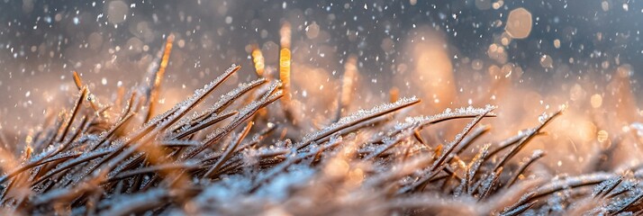 Aufkleber - Frost-covered grass blades in soft light with falling snow.