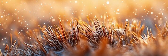Aufkleber - Close-up of frosty grass blades in soft, golden sunlight, with bokeh effect.
