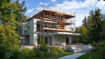 Aufkleber - Modern house under construction, scaffolding, concrete, wood framing, trees, landscaping.