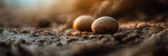 Aufkleber - Two smooth, brown stones rest on dark, textured ground in soft sunlight.