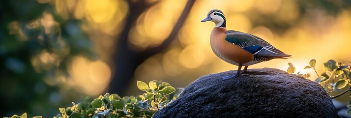 Aufkleber - a colorful duck perched on a rock at sunset, surrounded by lush greenery.