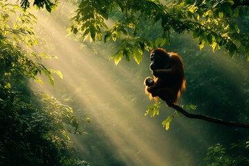 Poster - Orangutan mother and baby in sunlit rainforest canopy.