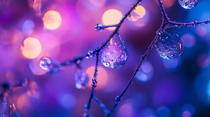 Aufkleber - Close-up of water droplets on a branch at night with colorful bokeh background.