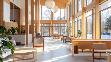 Poster - Sunlit modern wooden interior with large windows, showing lounge area with seating and plants.