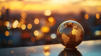 Poster - Glass globe at sunset with city bokeh background.