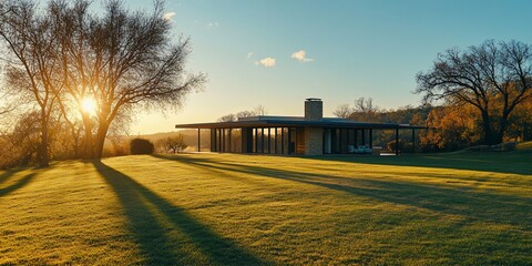 Aufkleber - Modern house on grassy field at sunset.