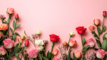Poster - Delicate pink roses and lisianthus blossoming near each other, creating elegant wedding or romantic celebration decor on pastel background