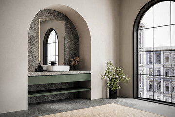 Wall Mural - Modern minimalist bathroom interior, modern bathroom cabinet, white sink marble countertop, interior plants, bathroom accessories, bathtub, beige walls, concrete floor, arches.