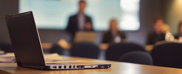 Aufkleber - Laptop on table in blurry conference room.