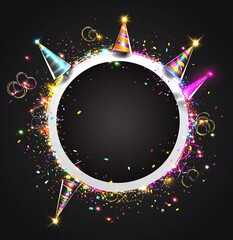 Poster - Festive circular frame with confetti, party hats, and sparkles; ideal for celebrations.