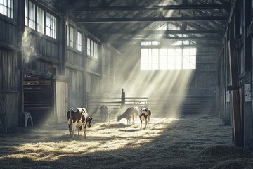Poster - Sunbeams illuminate cows in a rustic barn. Hay covers the floor.