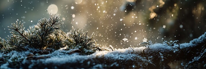 Poster - Snow-covered pine branch in winter forest, light snowfall.