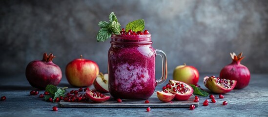 Poster - Refreshing pomegranate and apple smoothie in a mason jar, garnished with mint.