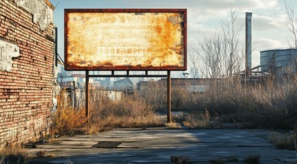 Poster - Rusted billboard in abandoned industrial area.