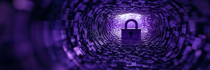 Poster - Purple digital tunnel with padlock at the end, symbolizing data security and protection.