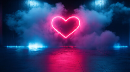 Leinwandbilder - Pink neon heart glowing in dark room with smoke and blue lights, perfect for Valentine's Day projects
