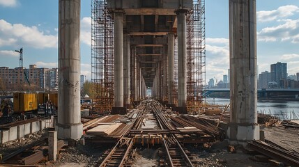Aufkleber - Underside view of a bridge under construction, showing railway tracks and support columns against a city backdrop.