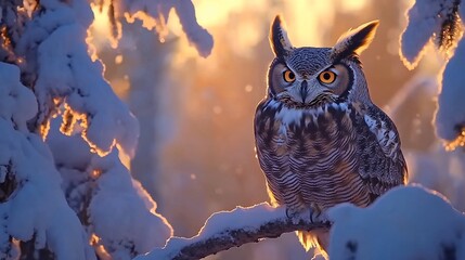 Poster - Majestic great horned owl perched on a snow-covered branch at sunset in a winter forest.