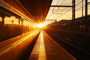Poster - Sunset illuminating a train at a platform.