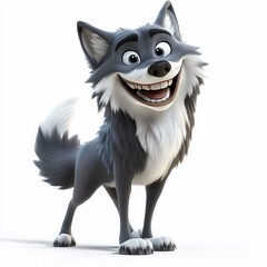 Poster - Happy cartoon wolf, gray fur, white background.