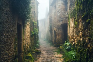 Poster - Misty, moss-covered stone alleyway in an old, deserted village.