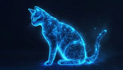 Aufkleber - Glowing blue digital cat sitting in dark background.